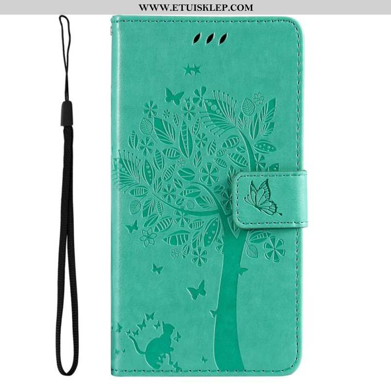 Etui Folio do Oppo Reno 8 z Łańcuch Drzewo I Pasiasty Kot